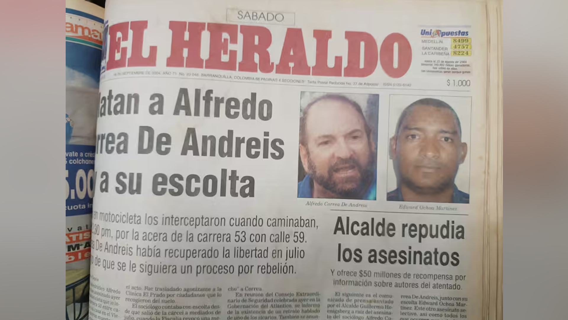 Portada de EL HERALDO con la información del asesinato del profesor y su escolta Edelberto Ochoa.