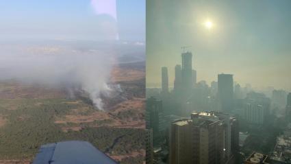 Zona del incendio (izquierda) y los efectos del humo en Barranquilla (derecha)