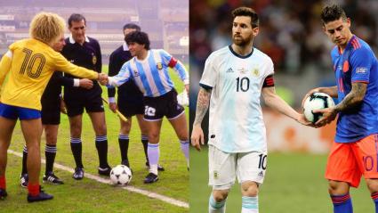 A la izquierda, Carlos 'el Pibe' Valderrama y Diego Maradona se toman de la mano; en la derecha, James Rodríguez le entrega el balón a Messi